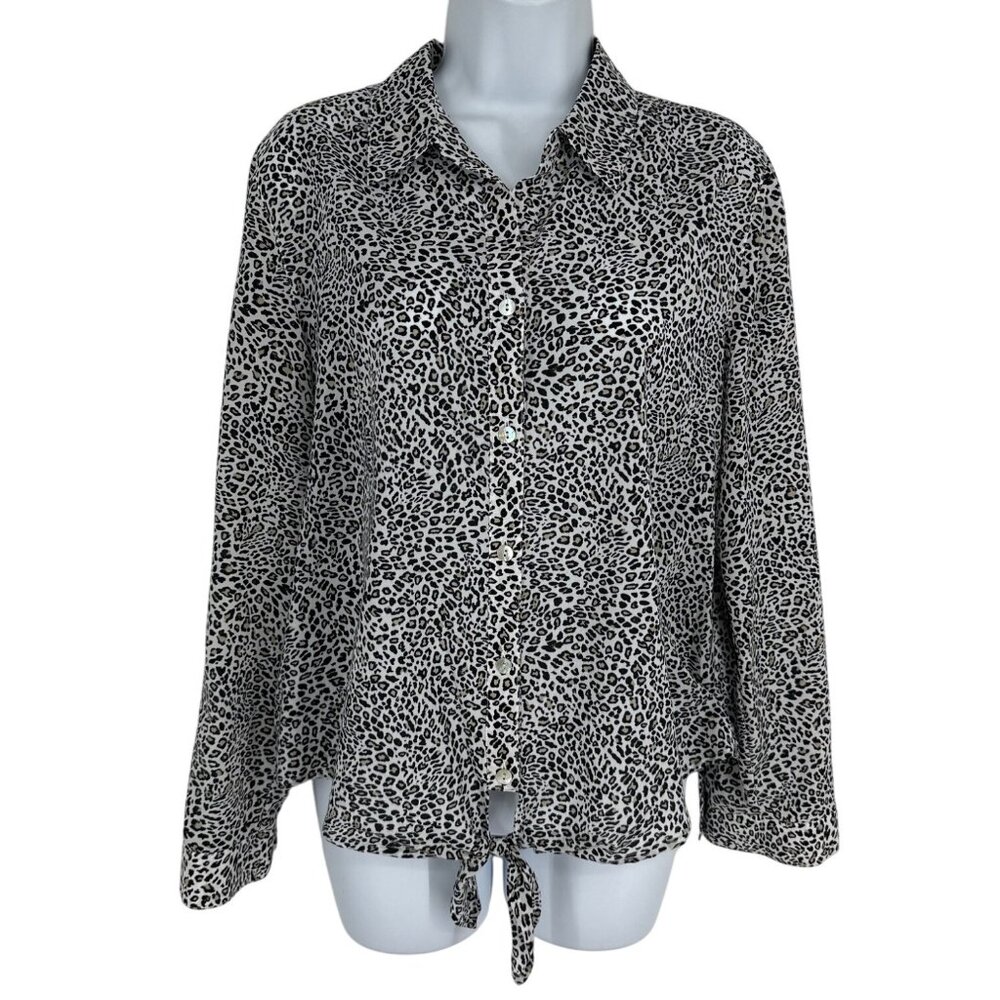 Chico's Leopard Print Button-Up Roll Tab Sleeve Tie Hem Blouse Womens Sz 1 US M